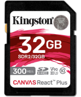 Kingston Technology 32GB Canvas React Plus SDHC UHS-II 300R/260W U3 V90 voor Full HD/4K/8K