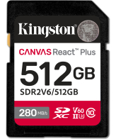 Kingston Technology 512GB Canvas React Plus SDXC UHS-II 280R/150W U3 V60 voor Full HD/4K