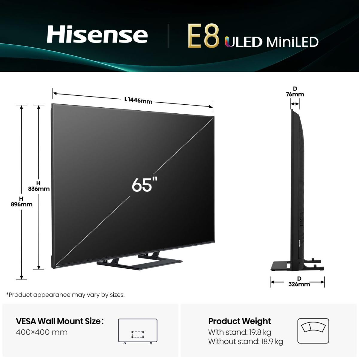 Hisense 65E8Q 165,1 cm (65") 4K Ultra HD Smart TV Wifi Zwart, Grijs 600 cd/m² - Afbeelding 2