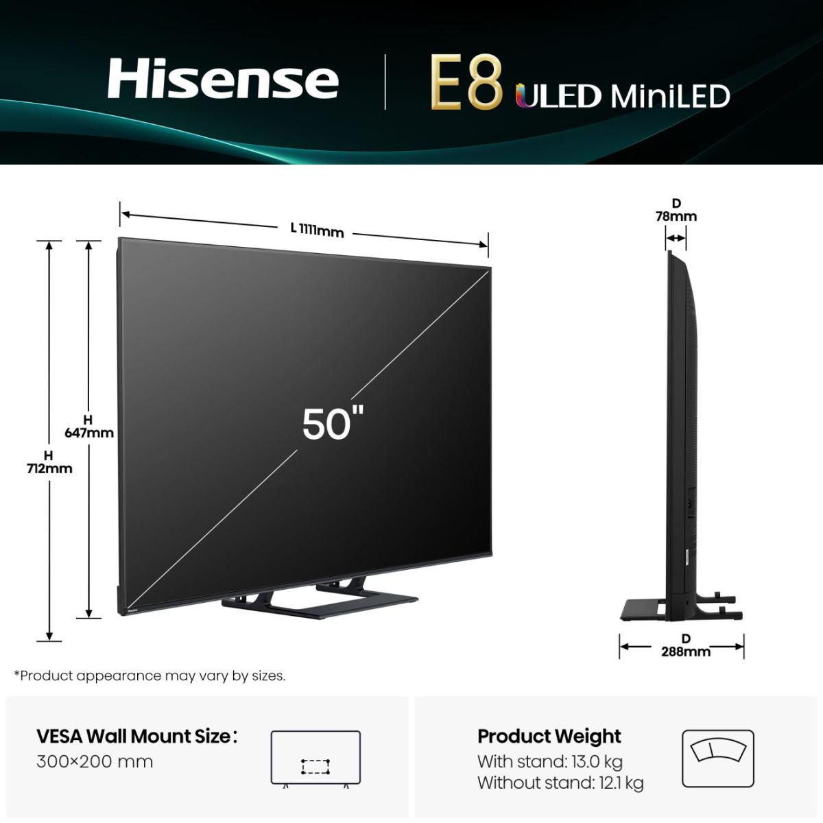 Hisense 50E8Q 127 cm (50") 4K Ultra HD Smart TV Wifi Zwart, Grijs 600 cd/m² - Afbeelding 2